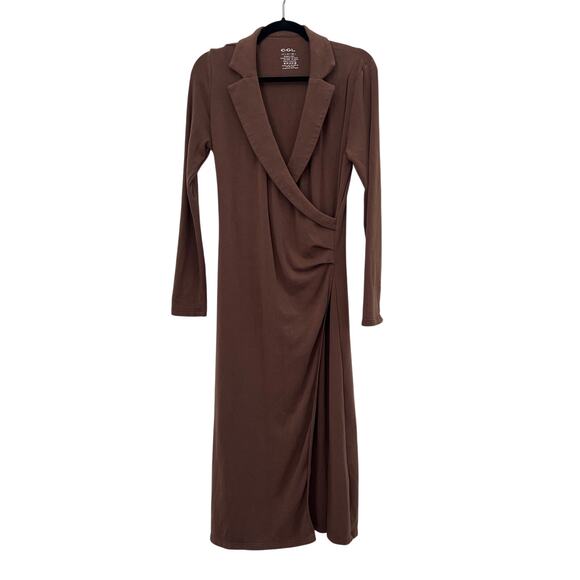 OGL Brown Long Sleeve Midi Sheath Stretch Wrap Dress Womens Large Career - Picture 1 of 16